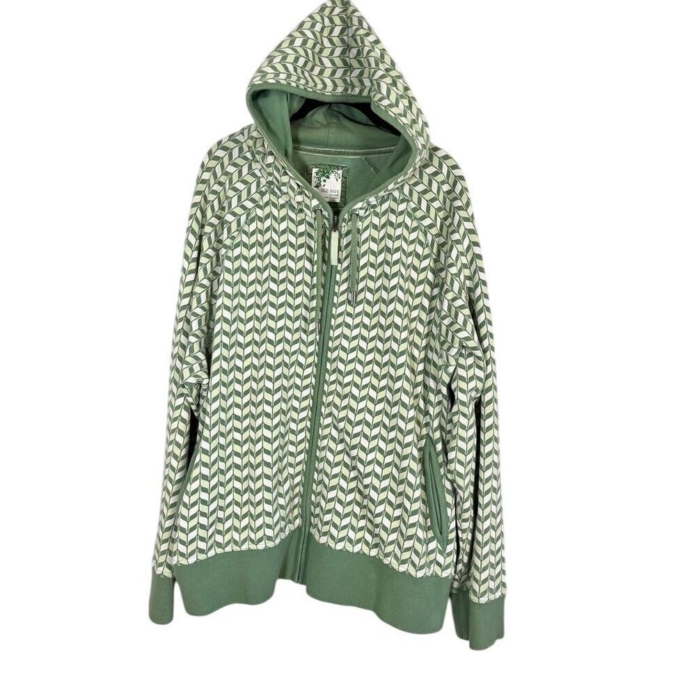 Retro Hoodie Sweatshirt 2X Green Full Zip Chevron Skater Grunge Streetwear 80s